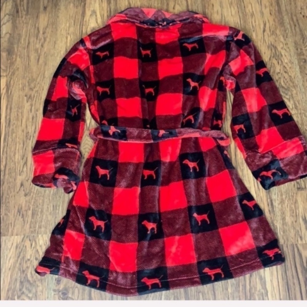 Victoria’s Secret PINK Red Buffalo Plaid Dog Logo Plush Bath Robe Size M/L - Picture 2 of 5